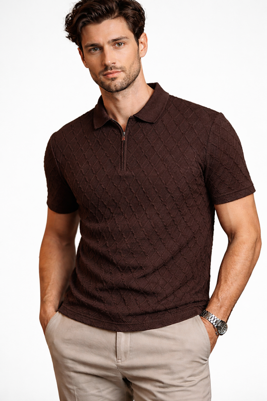 Men’s Brown Diamond Knit Quarter-Zip Polo Shirt – Textured Short Sleeve
