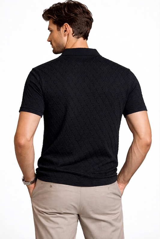 Men’s Black Diamond Knit Quarter-Zip Polo Shirt – Textured Short Sleeve