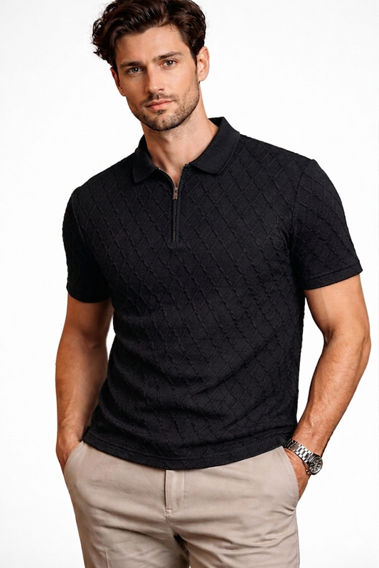 Men’s Black Diamond Knit Quarter-Zip Polo Shirt – Textured Short Sleeve