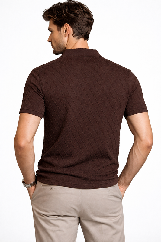 Men’s Brown Diamond Knit Quarter-Zip Polo Shirt – Textured Short Sleeve
